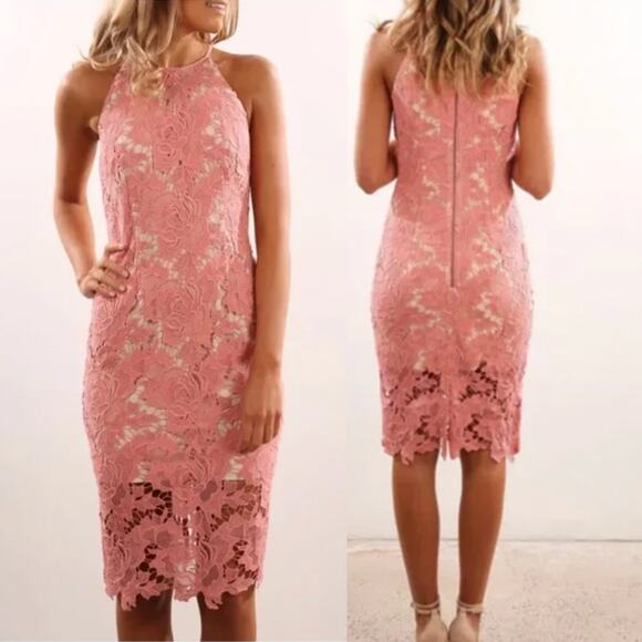 KEEPSAKE the Label Lonely Love Lace Overlay Halter Midi Dress in Rose Size S - Picture 13 of 14